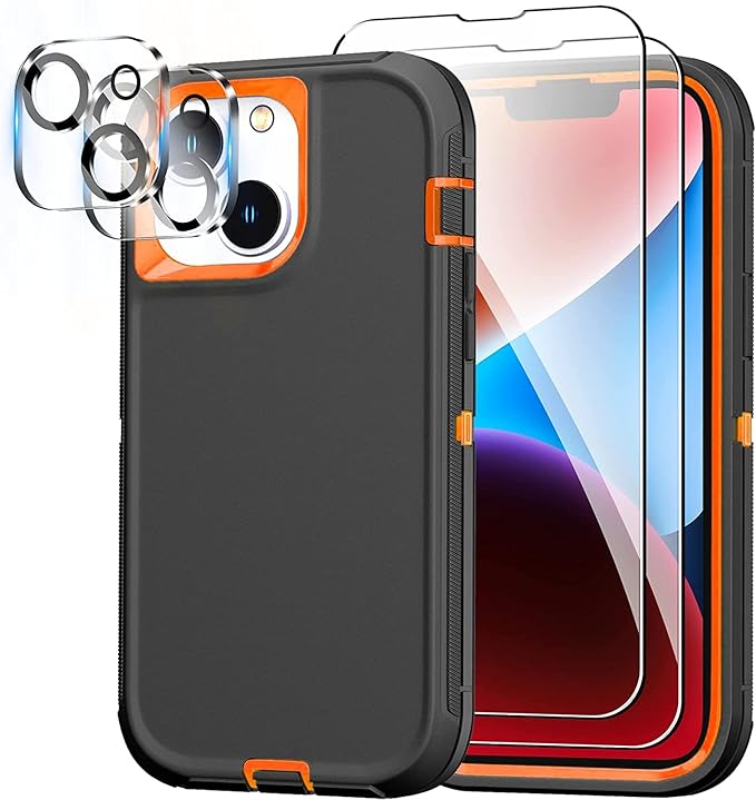 Case for iPhone 14 Case with 2 Screen Protector + 2 Camera Lens Protector, Full Body Heavy Duty Rugged Military Grade Cover, Shockproof Protection Phone Case 6.1" (Black Orange)