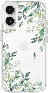 Compatible with iPhone 17 Case, Clear Floral Phone Cover for Women Girls, Cute Green Tree Leaves Flowers Design Slim Shockproof Bumper Drop Protective Case 6.3" 2025, Leaves17